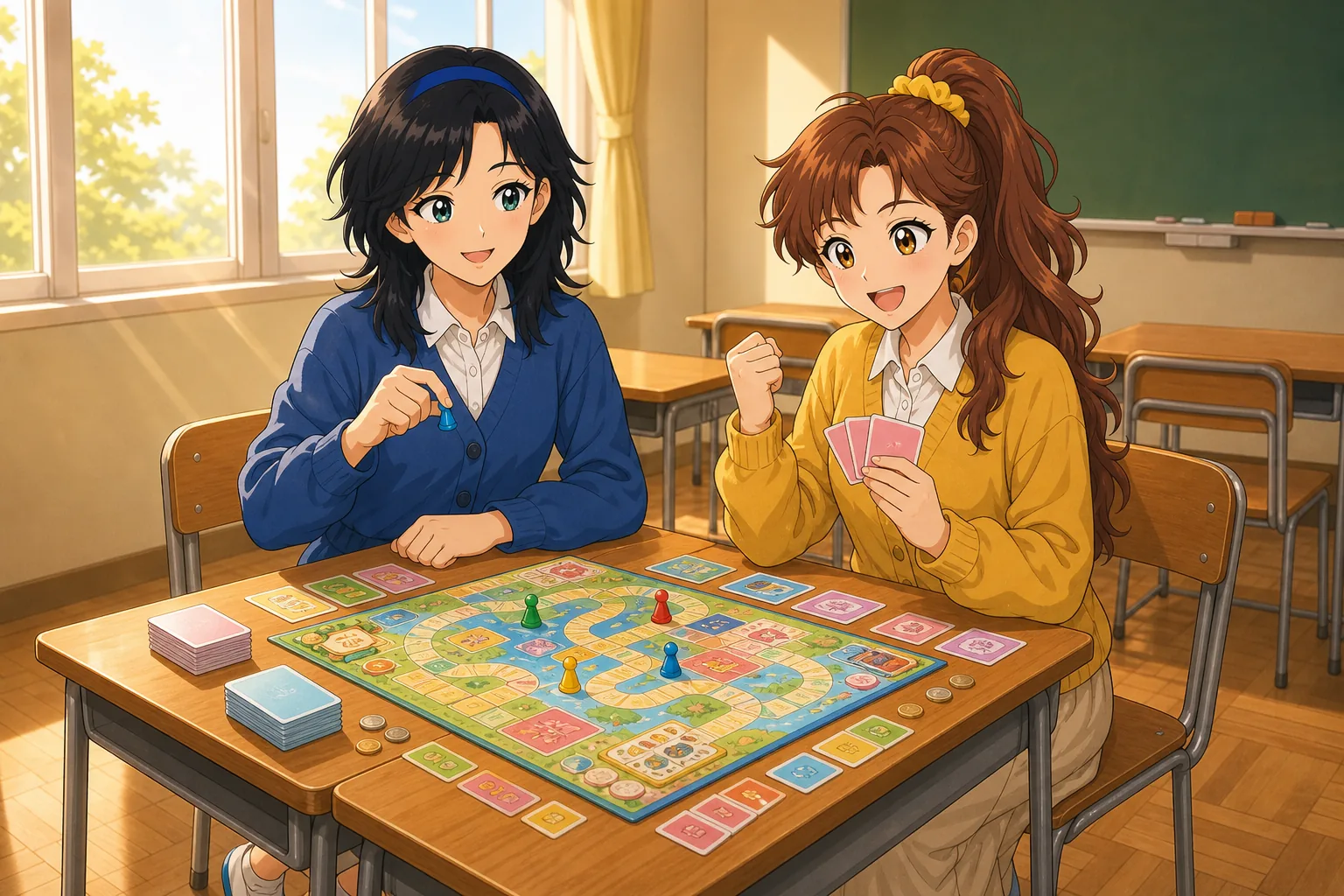 御影凛、赤松まいが放課後の教室でボードゲームを楽しむ様子