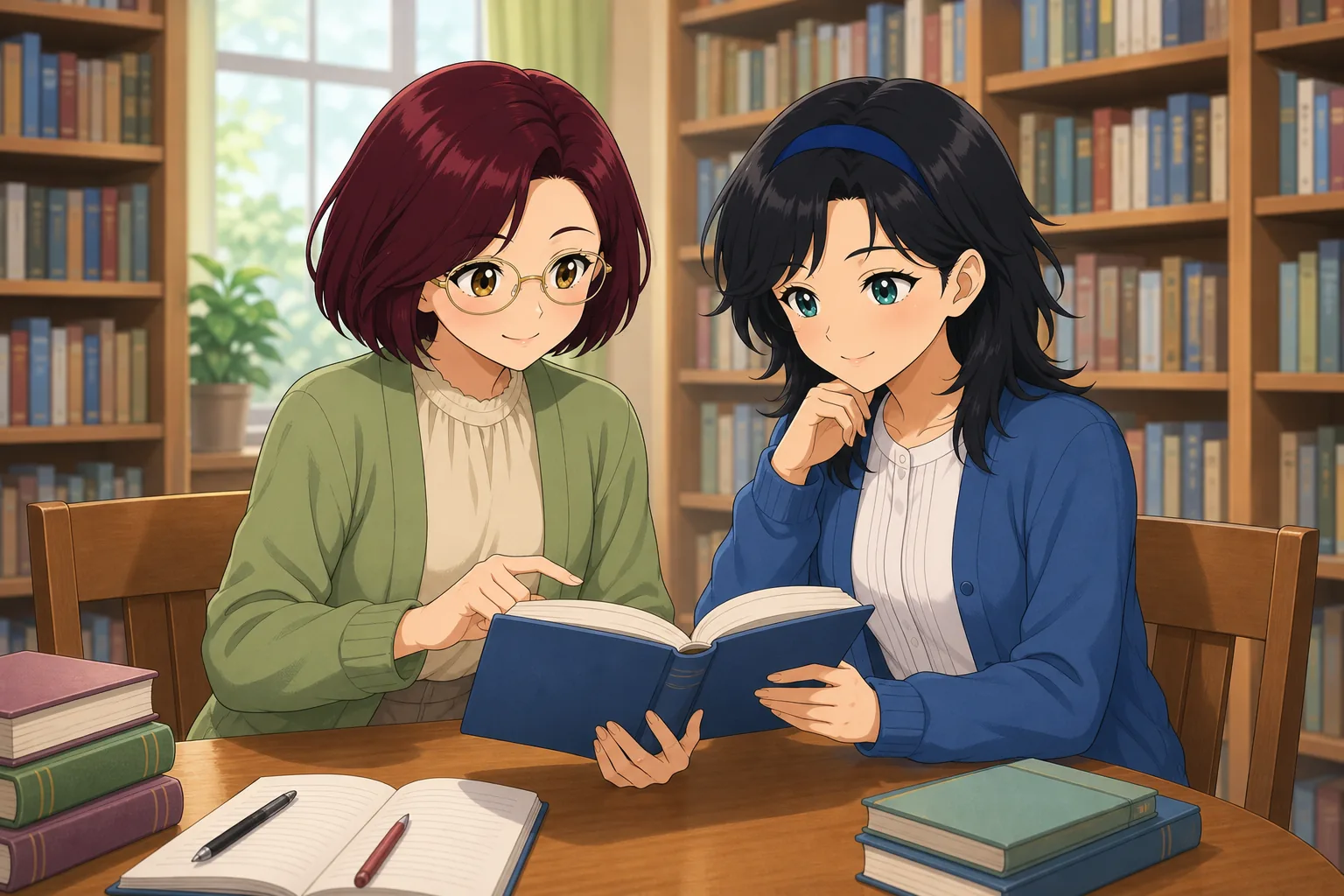 久世環先生、御影凛が図書室で読書会を楽しむ様子