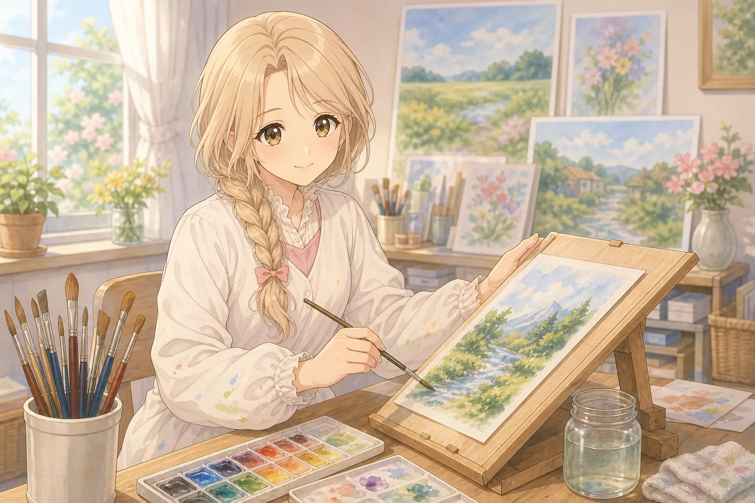 月島ルナが美術室で水彩画を楽しむ様子
