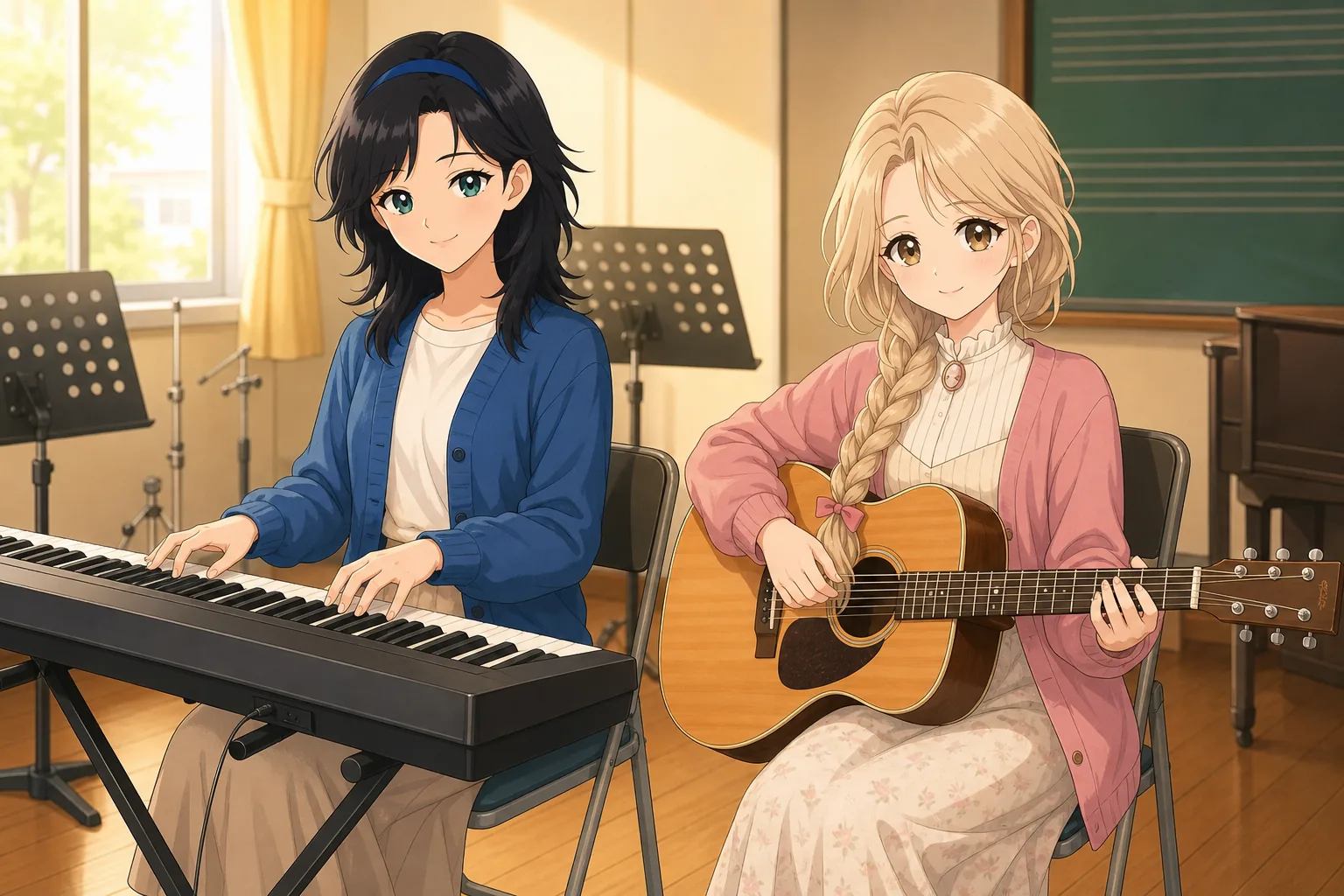 御影凛、月島ルナが音楽室でセッションを楽しむ様子