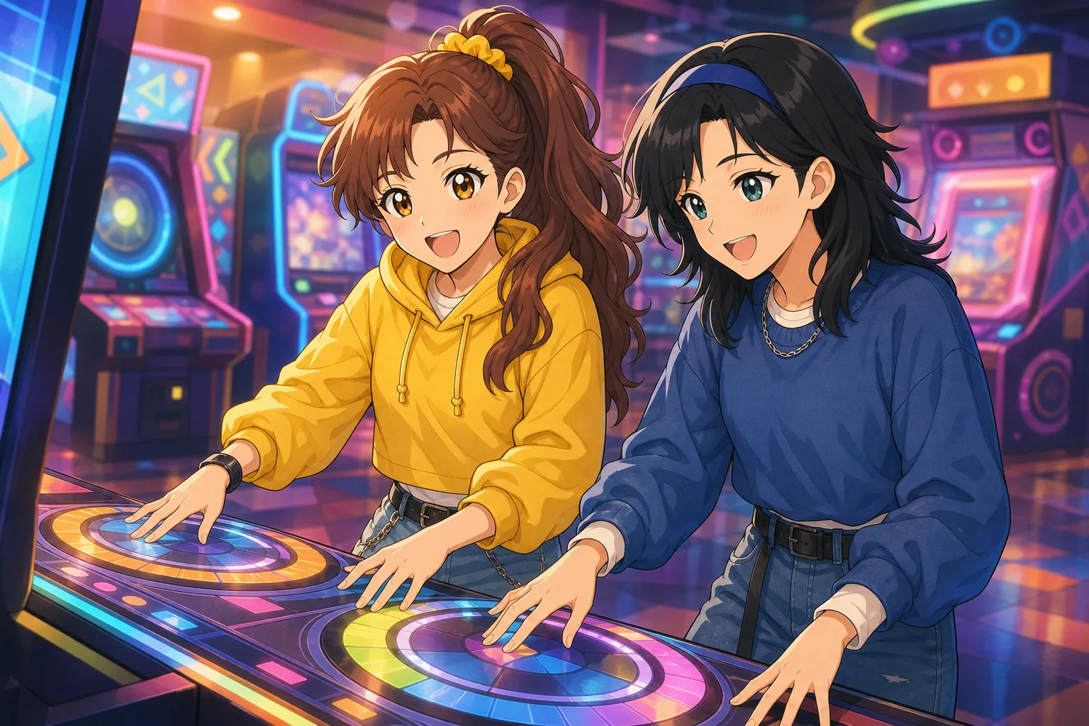 赤松まい、御影凛がゲームセンターで協力プレイを楽しむ様子