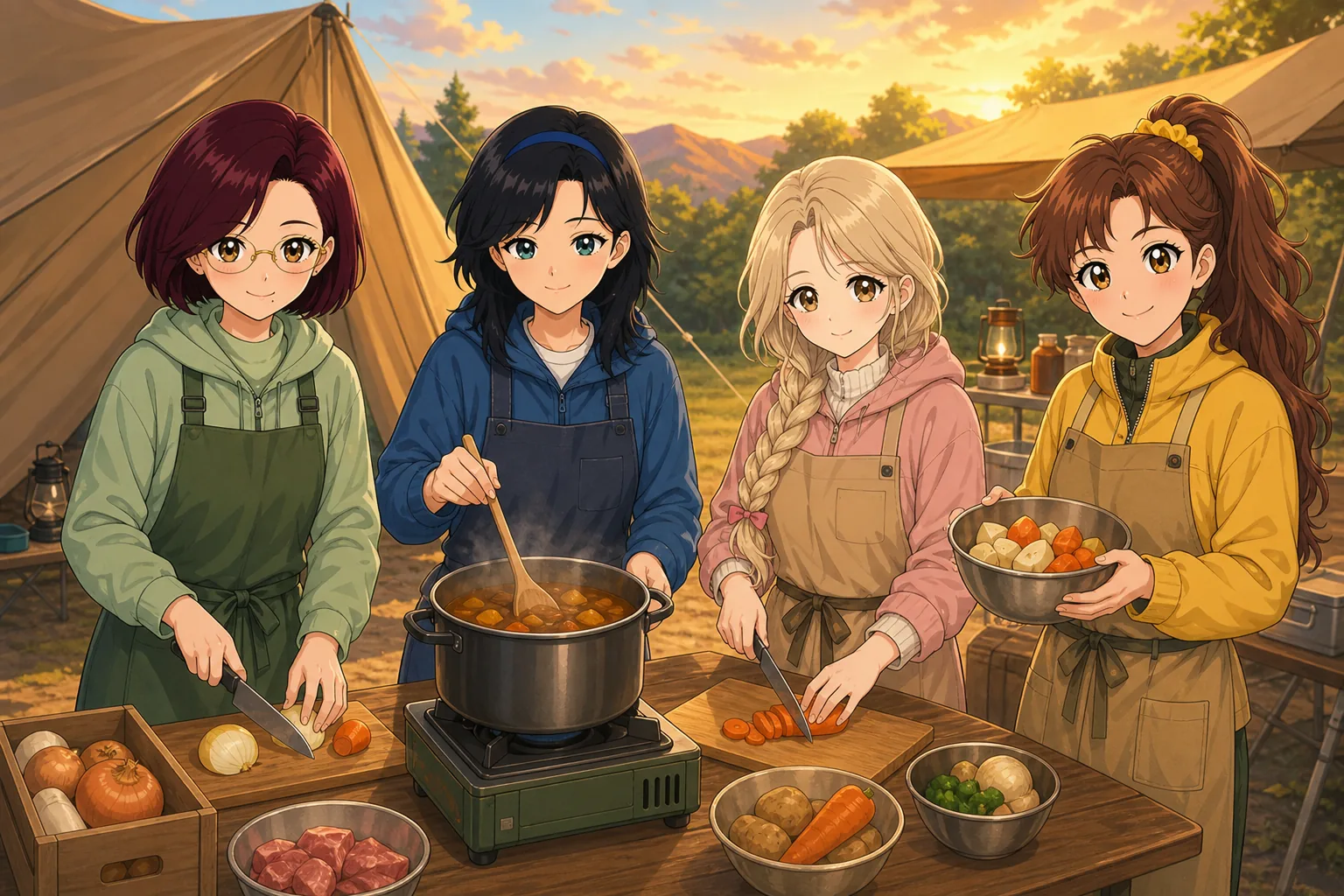 久世環先生、御影凛、月島ルナ、赤松まいがキャンプでカレー作りを楽しむ様子