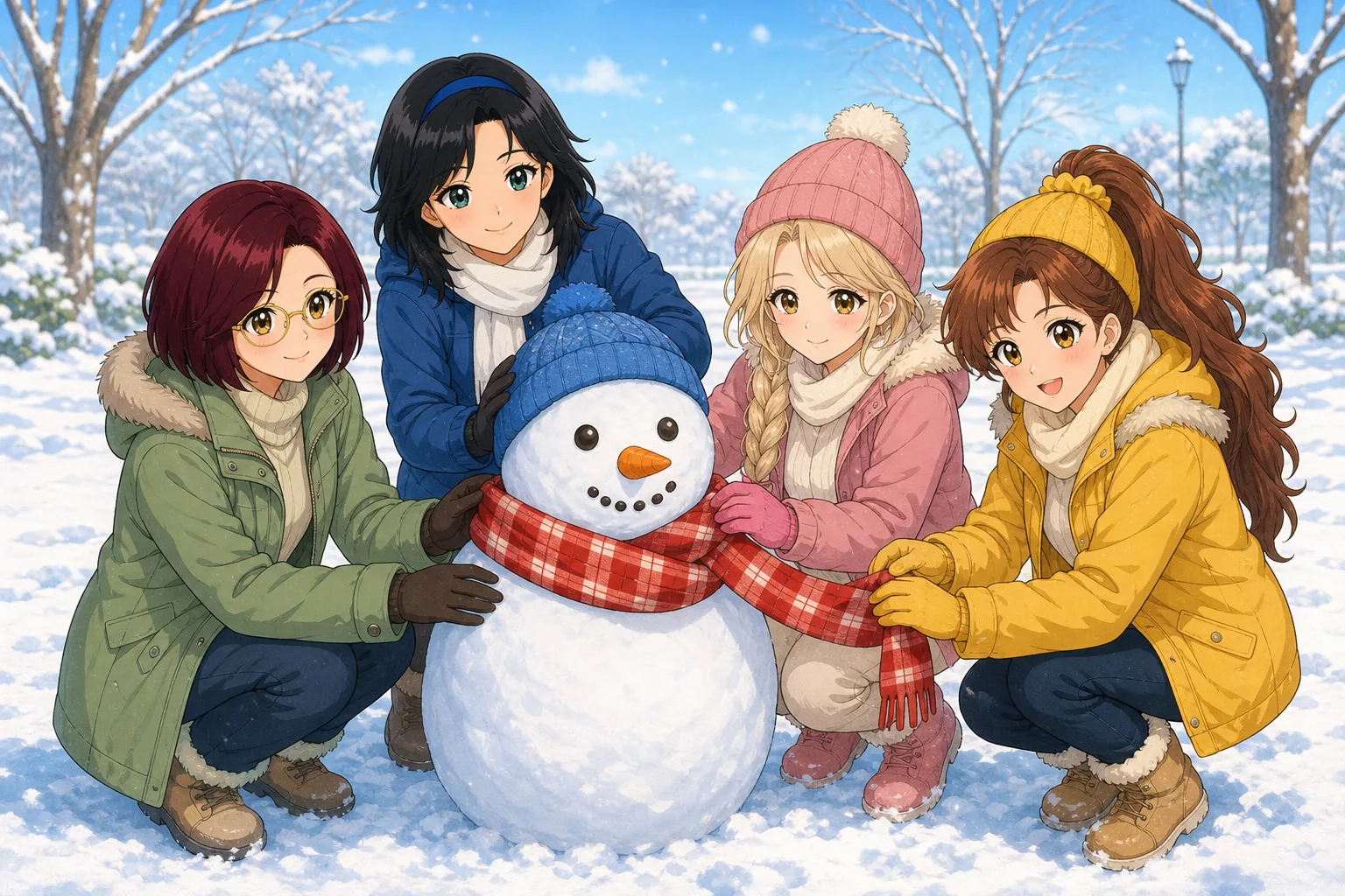 久世環先生、御影凛、月島ルナ、赤松まいが雪だるま作りを楽しむ様子