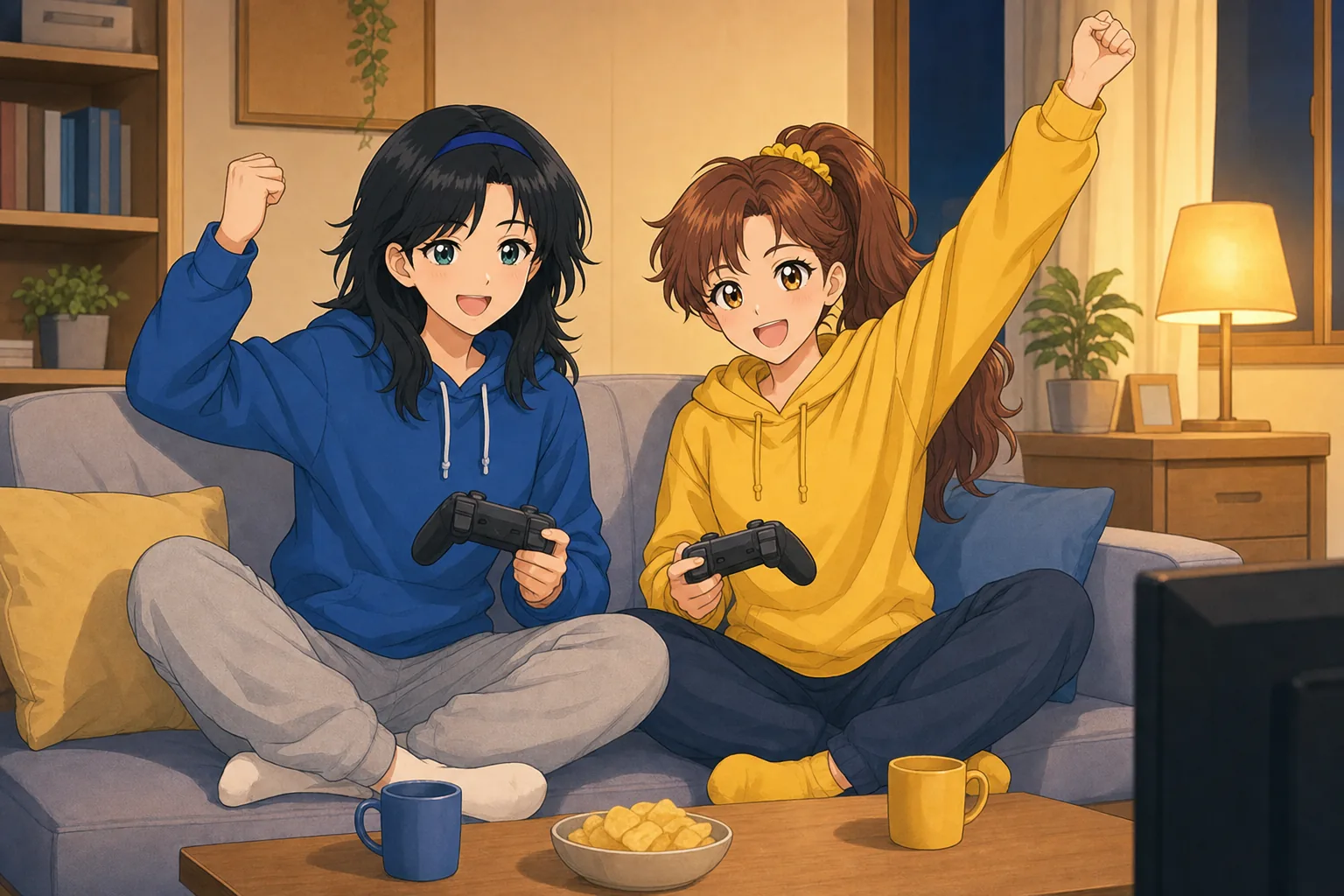 御影凛、赤松まいが部室で協力ゲームを楽しむ様子
